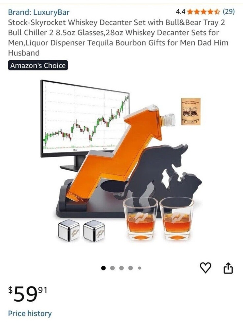 LuxuryBar Whiskey Decanter Set 28oz Bull & Bear Tray Glasses Chillers Gift Box